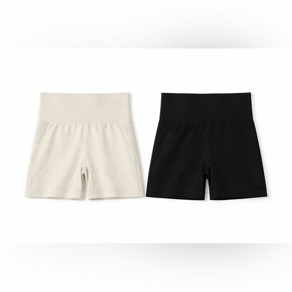 Pants - Black and Cream High-Waisted Workout Shorts